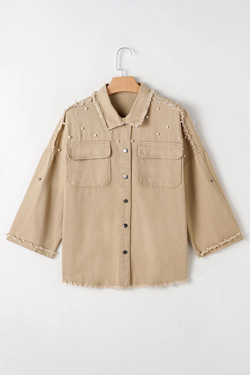 Khaki Pearl Beaded Raw Hem Button Up Denim Jacket