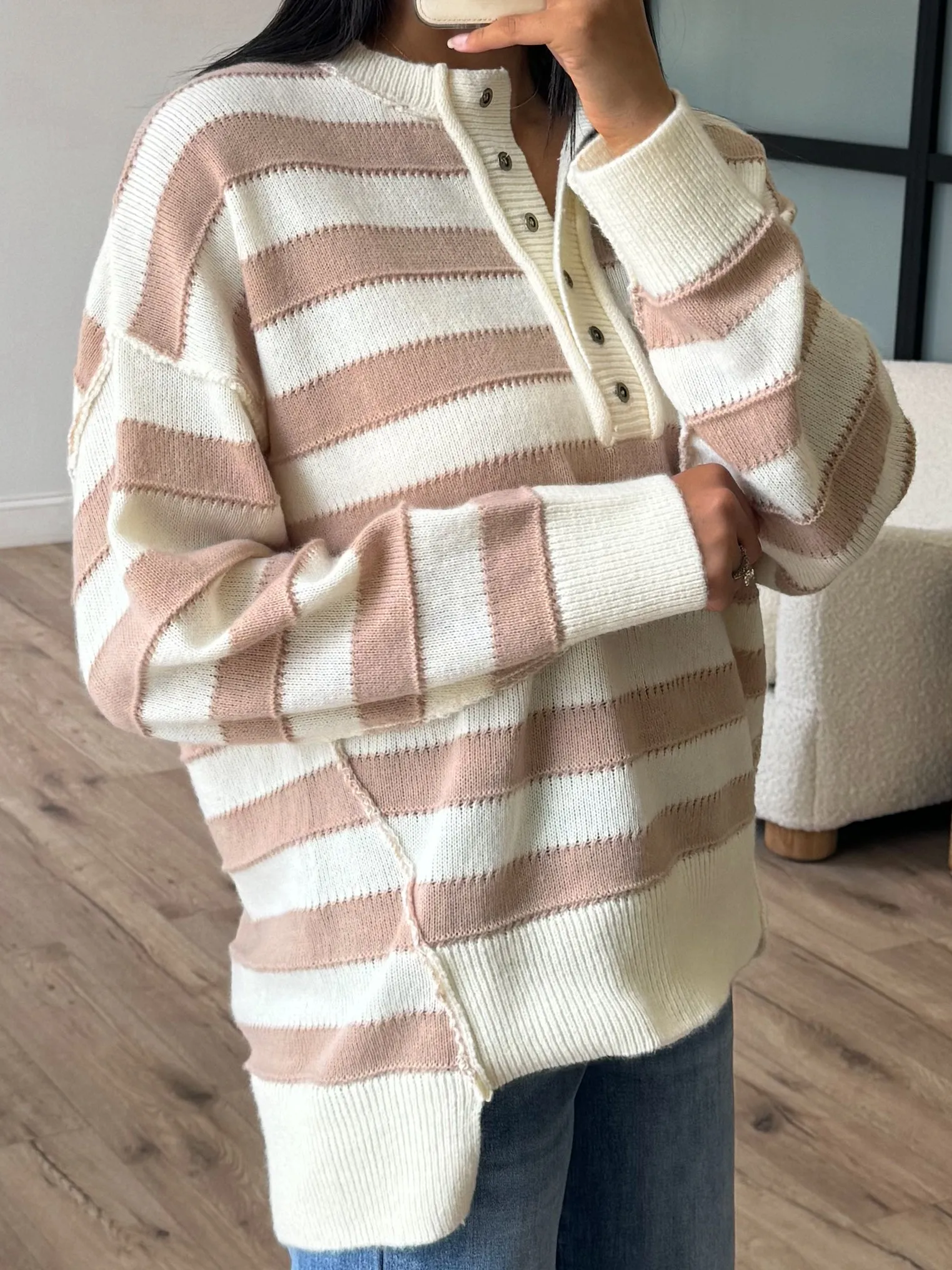 Kimora Henley Sweater | Taupe Stripe