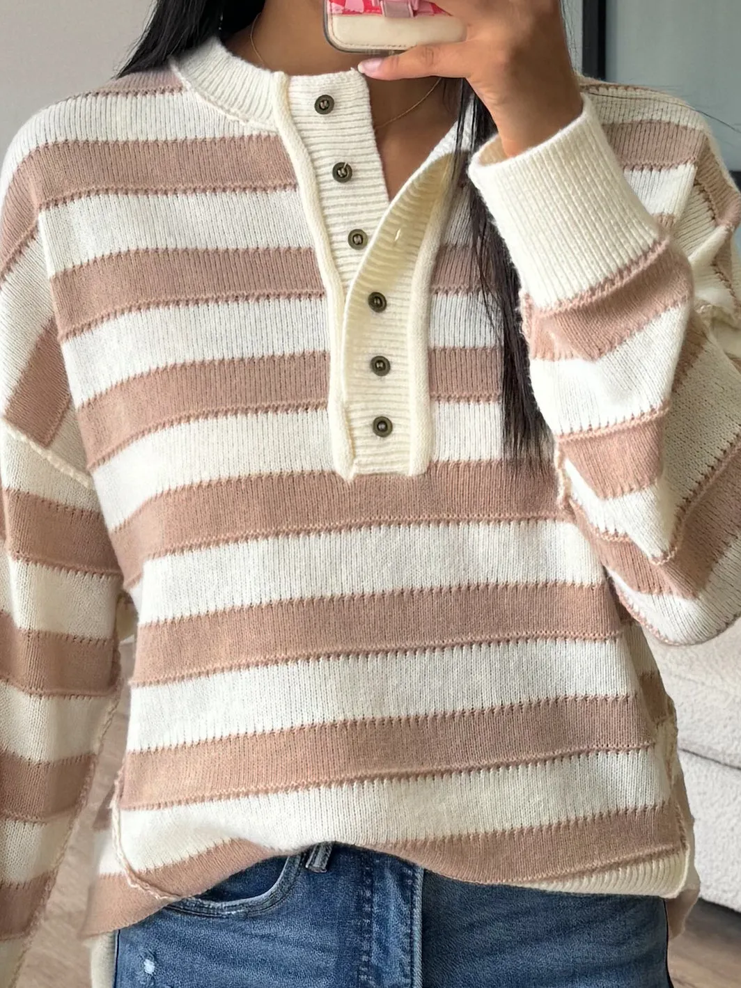 Kimora Henley Sweater | Taupe Stripe