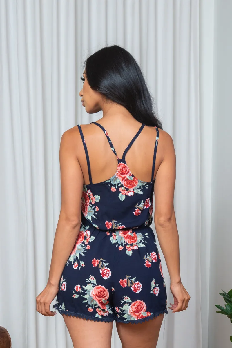 Lace Trimmed Floral Print V Neck Spaghetti Strap Micro Mini Shorts Romper in Navy (171721)