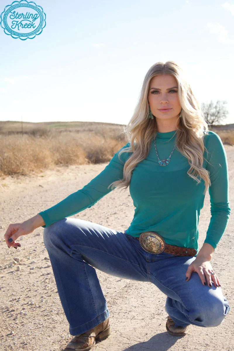 Meshed Out Turquoise Mesh Mock Neck Top