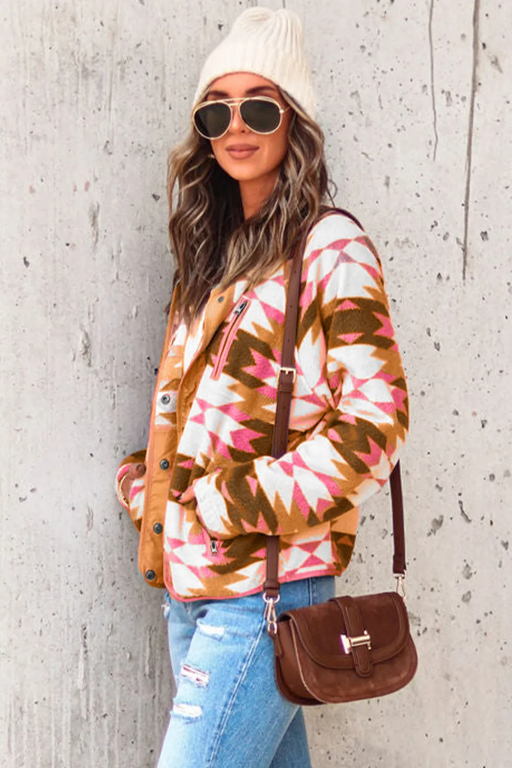 Orange Western Aztec Buttoned Zipper Pockets Fleece Jacket