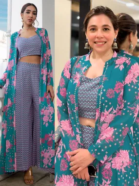 Turquoise Georgette Chevron Co ord Set