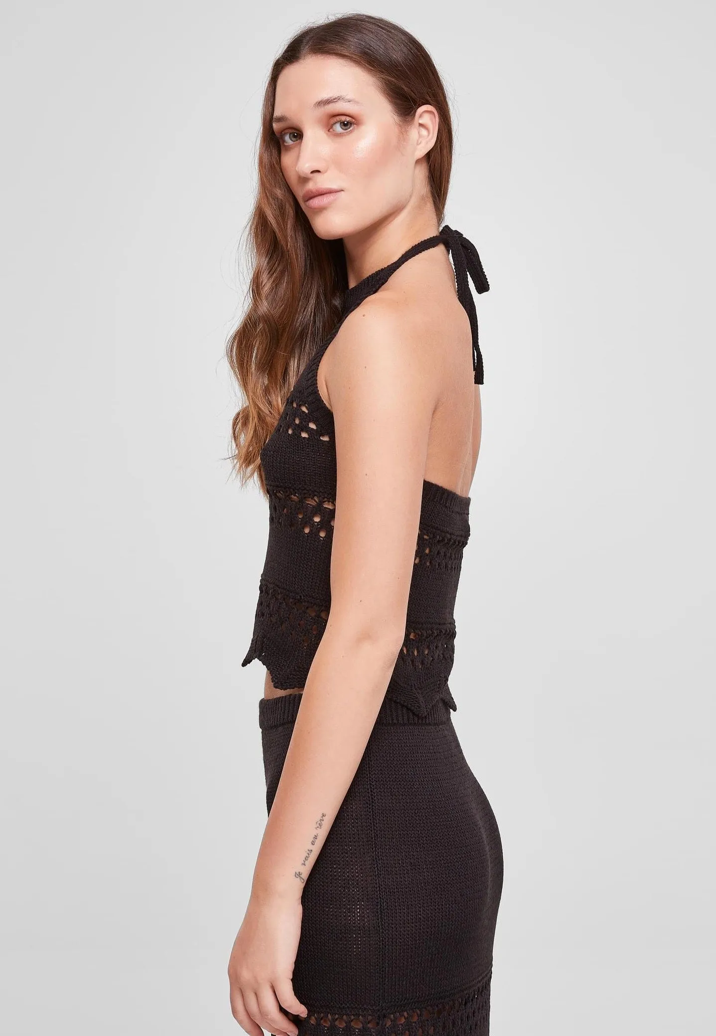 Urban Classics - Ladies Short Crochet Knit Neckholder Black - Top